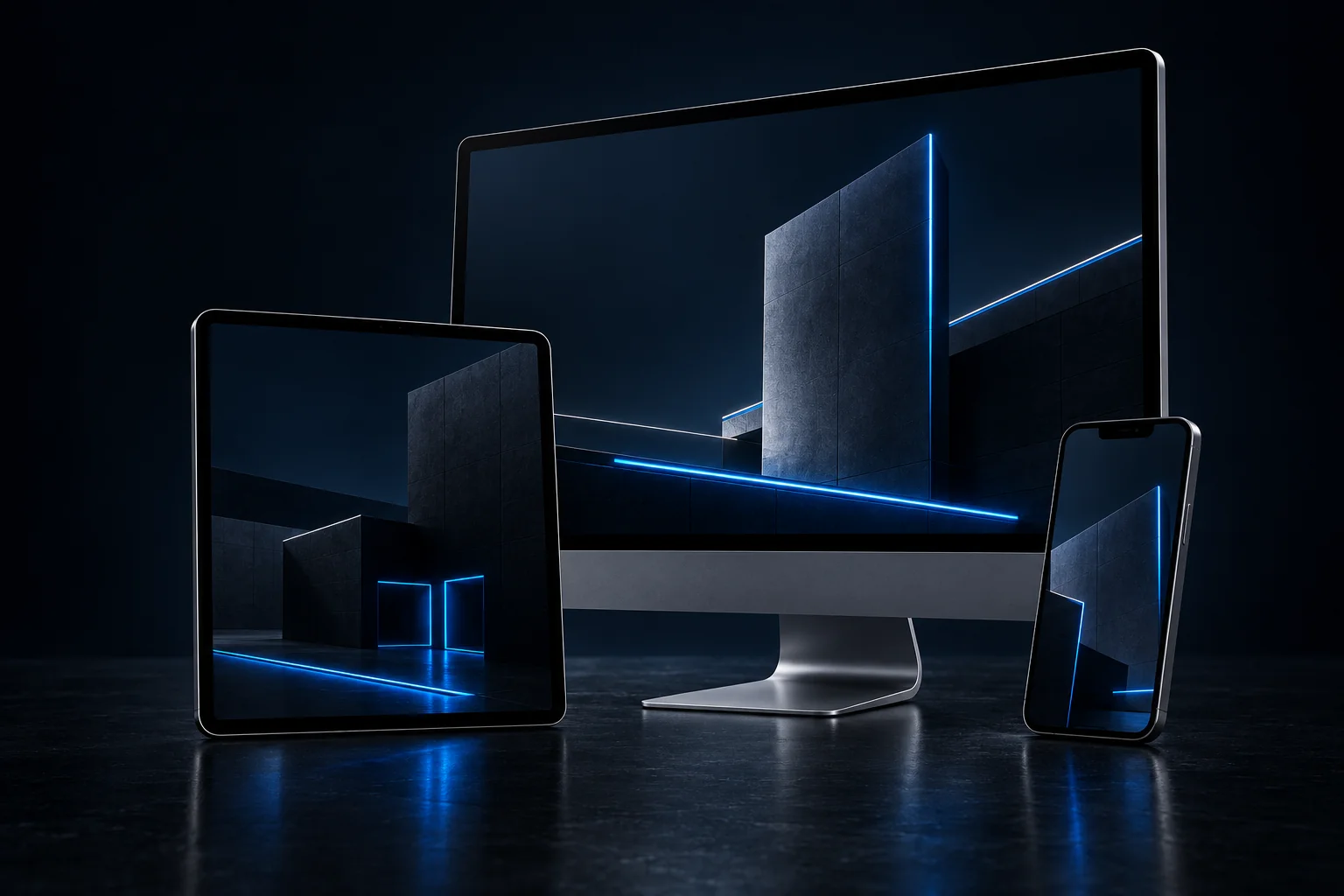 Monitor, tablet e celular com interfaces digitais em uma composição de grafite e azul